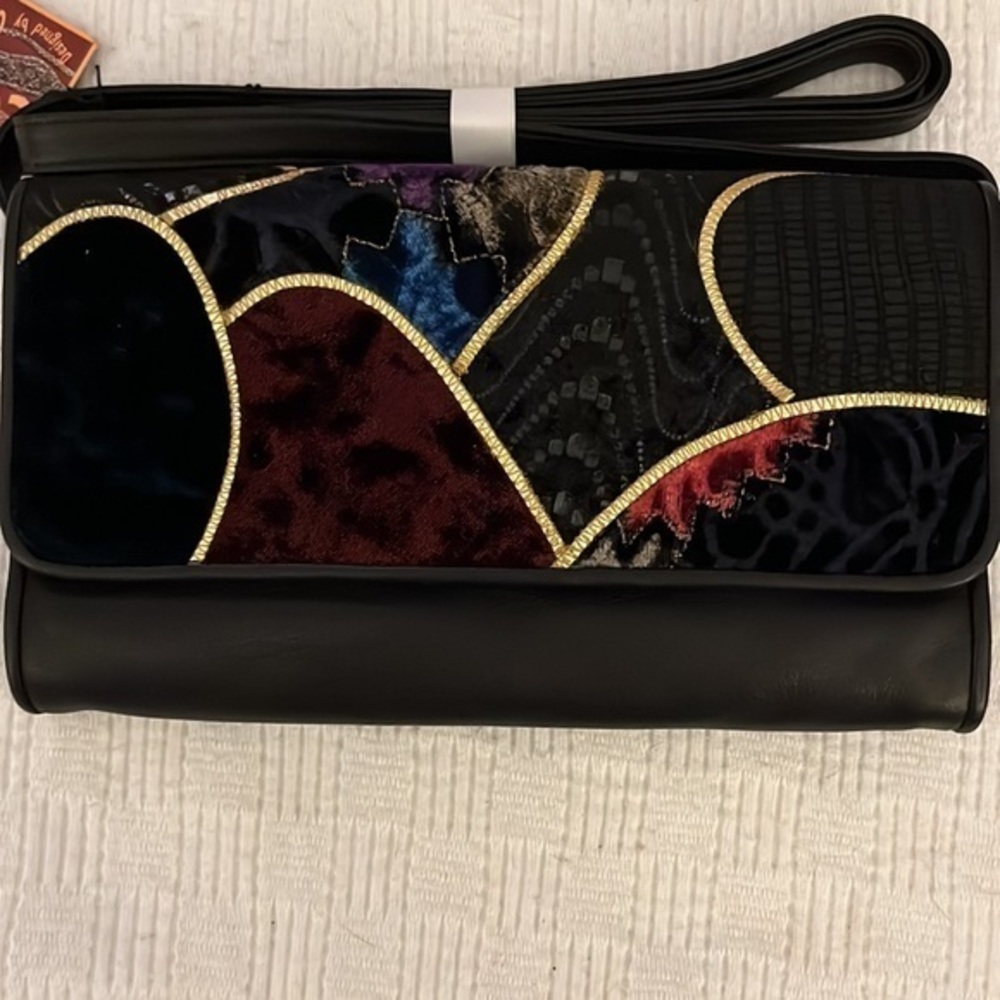 Collage by Carlos Falchi Purse Black Leather Patchwork Fabric Shoulder Bag - Picture 2 of 8